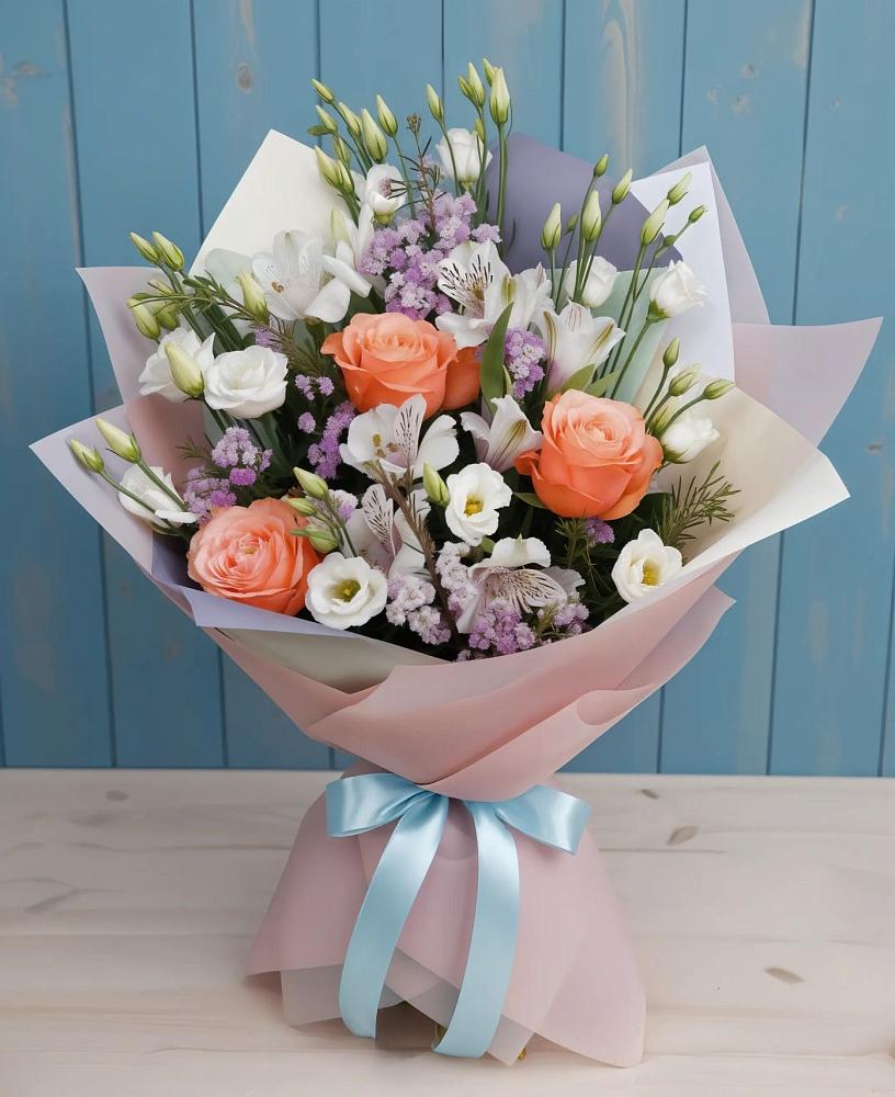 Букет цветов из: Лизиантусы, Розы, Альстромерии и Гипсофила в Айдарово